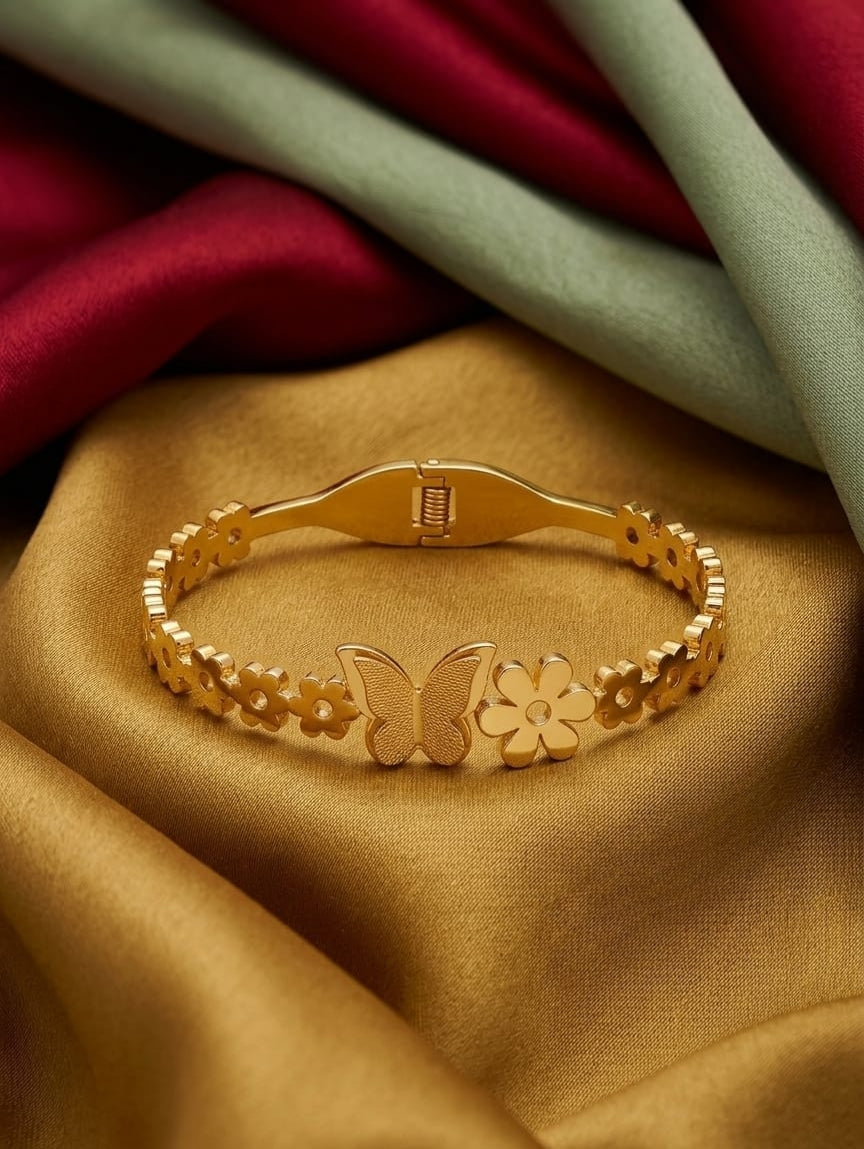 Premium  Gold Plated Butterfly & Floral Charm Bangle – Elegant Stainless Steel Bracelet for Women